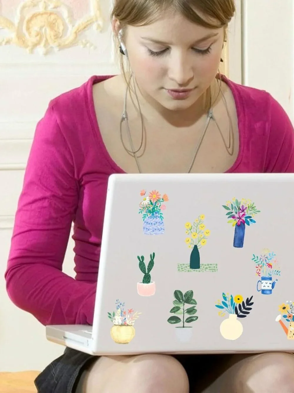 50 Pcs Green Plants PET Stickers Potted Plant Floral Sticker for Laptops Water B